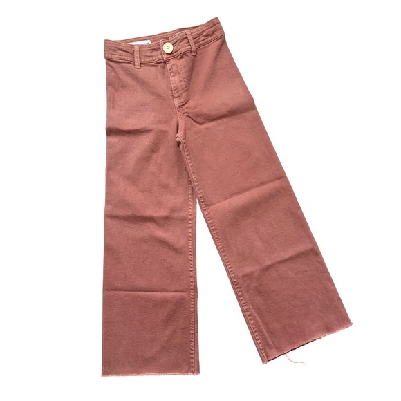 ZARA Kids Girls Marine Wide Leg Jeans Coral High Waisted Raw Hem Size 8 - Picture 2 of 6